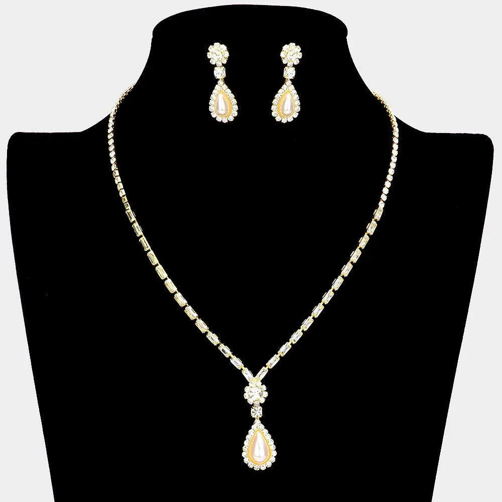 Cream Teardrop Pearl Accented Rhinestone Necklace - Jewelry Store by Erik Rayo