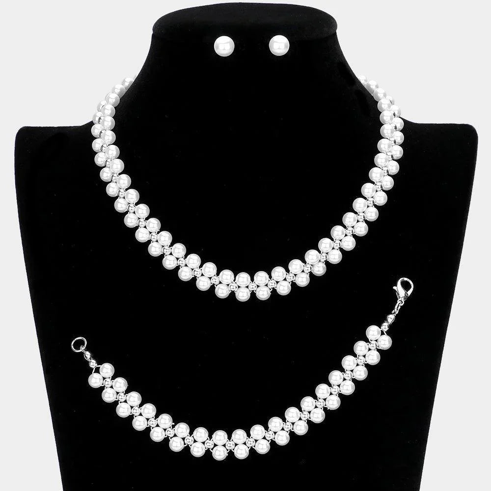 White 3 Piece Pearl Cluster Necklace Jewelry Set - Jewelry Store by Erik Rayo