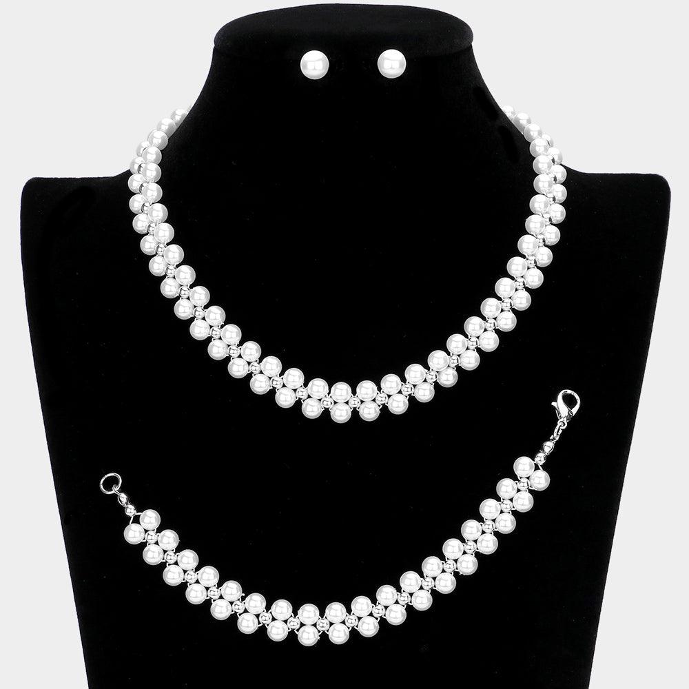 White 3 Piece Pearl Cluster Necklace Jewelry Set