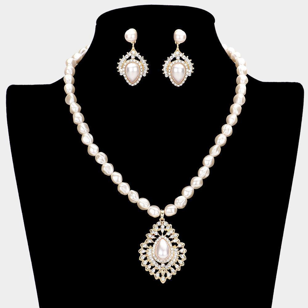 Gold Teardrop Pearl Accented Petal Necklace - Jewelry Store by Erik Rayo