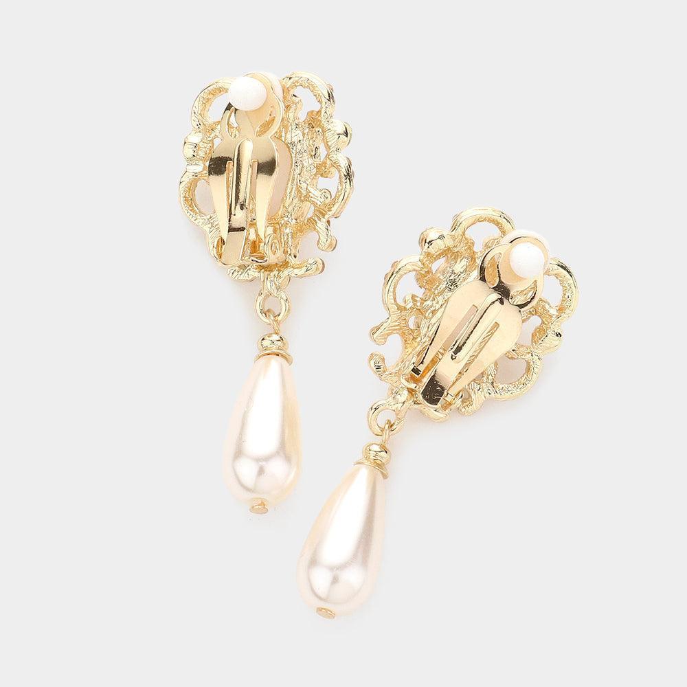 Cream Teardrop Pearl Accented Necklace Clip on Earring Set - Jewelry Store by Erik Rayo
