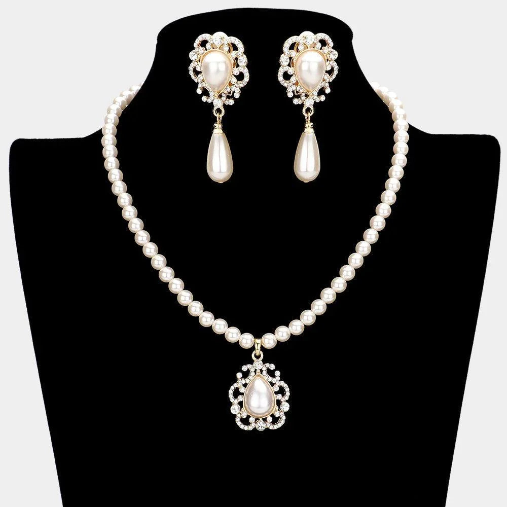 Cream Teardrop Pearl Accented Necklace Clip on Earring Set - Jewelry Store by Erik Rayo
