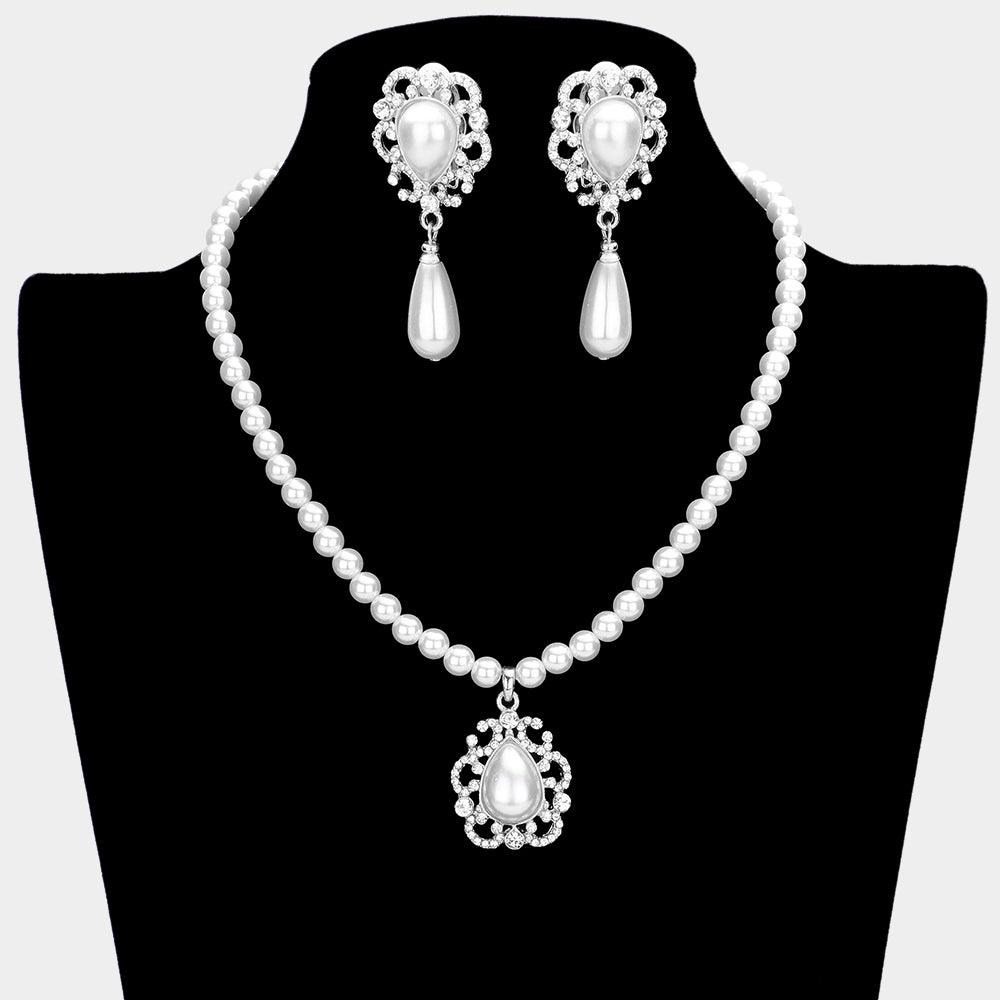 White Teardrop Pearl Accented Necklace Clip on Earring Set