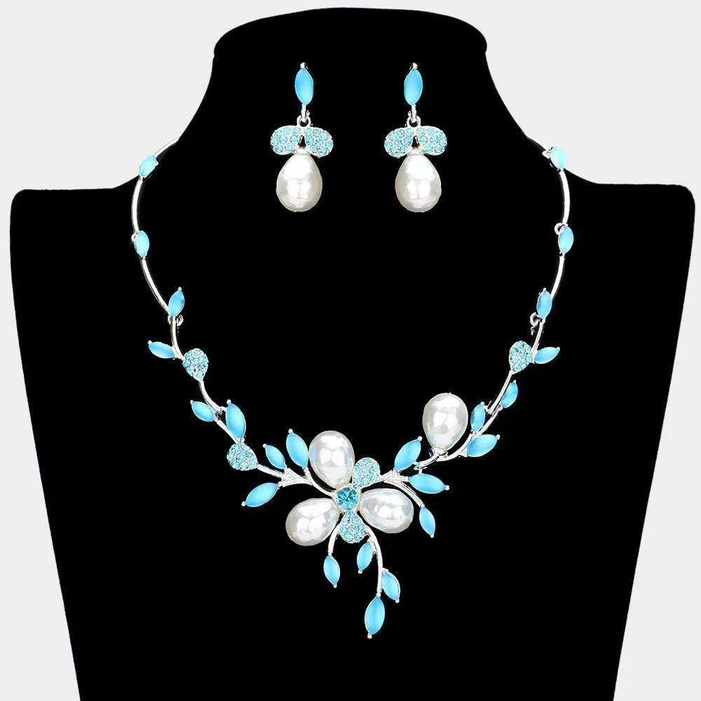 Aqua Teardrop Pearl Accented Leaf Cluster Necklace - Jewelry Store by Erik Rayo