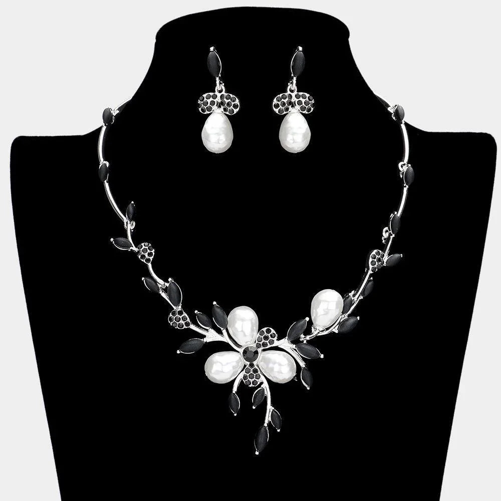 Black Teardrop Pearl Accented Leaf Cluster Necklace - Jewelry Store by Erik Rayo