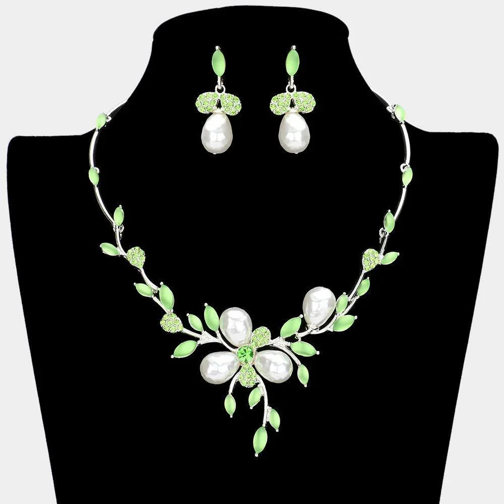 Green Teardrop Pearl Accented Leaf Cluster Necklace - Jewelry Store by Erik Rayo