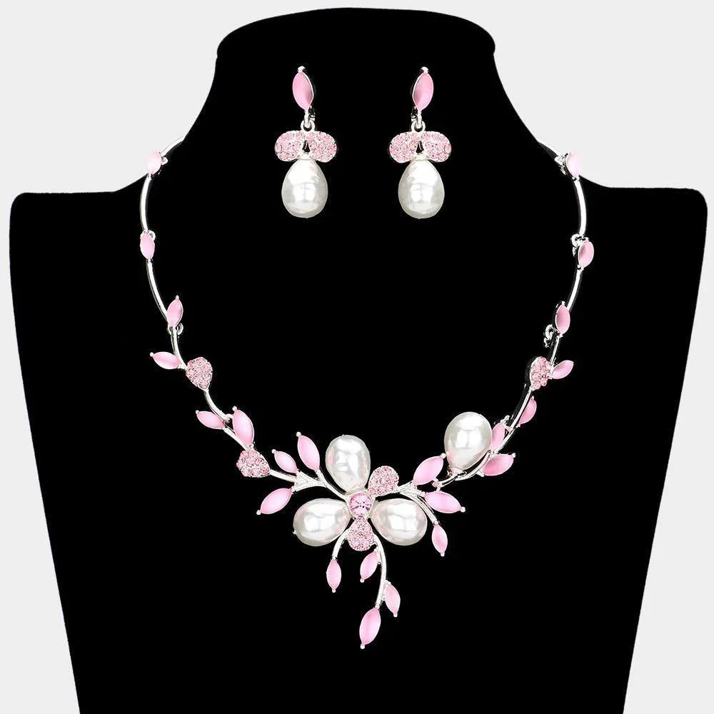 Teardrop Pearl Accented Leaf Cluster Necklace - Jewelry Store by Erik Rayo