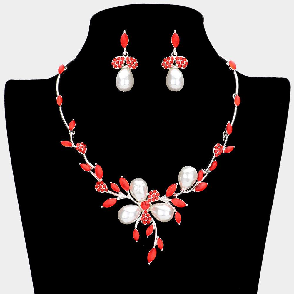 Red Teardrop Pearl Accented Leaf Cluster Necklace