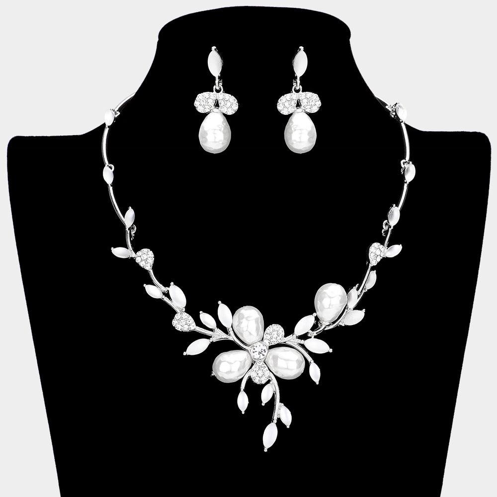 White Teardrop Pearl Accented Leaf Cluster Necklace