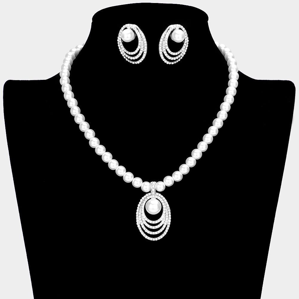 White Oval Pearl Pendant Pearl Necklace Rhinestone Paved