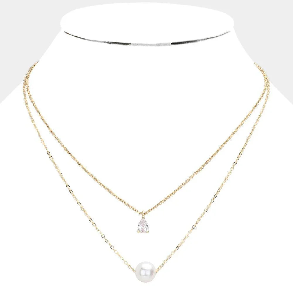 Cream Pearl Ball Rhinestone Pendant Layered Necklace - Jewelry Store by Erik Rayo