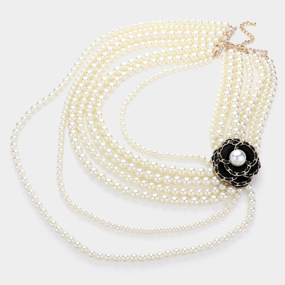 Cream Faux Leather Threaded Flower Pointed Pearl Multi Layered Long Necklace - Jewelry Store by Erik Rayo
