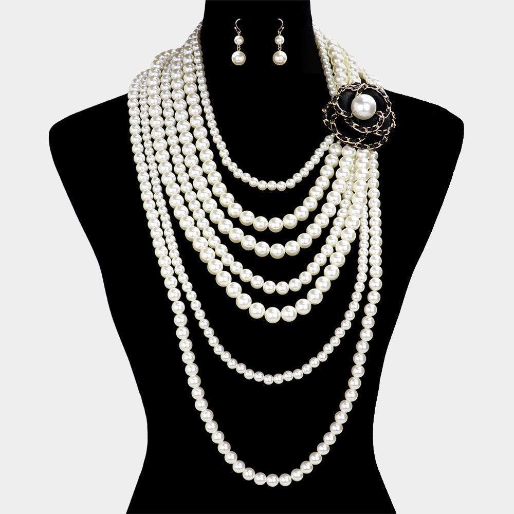 Cream Faux Leather Threaded Flower Pointed Pearl Multi Layered Long Necklace - Jewelry Store by Erik Rayo