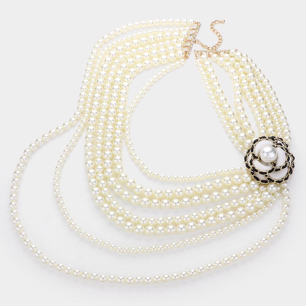 White Faux Leather Threaded Flower Pointed Pearl Multi Layered Long Necklace - Jewelry Store by Erik Rayo