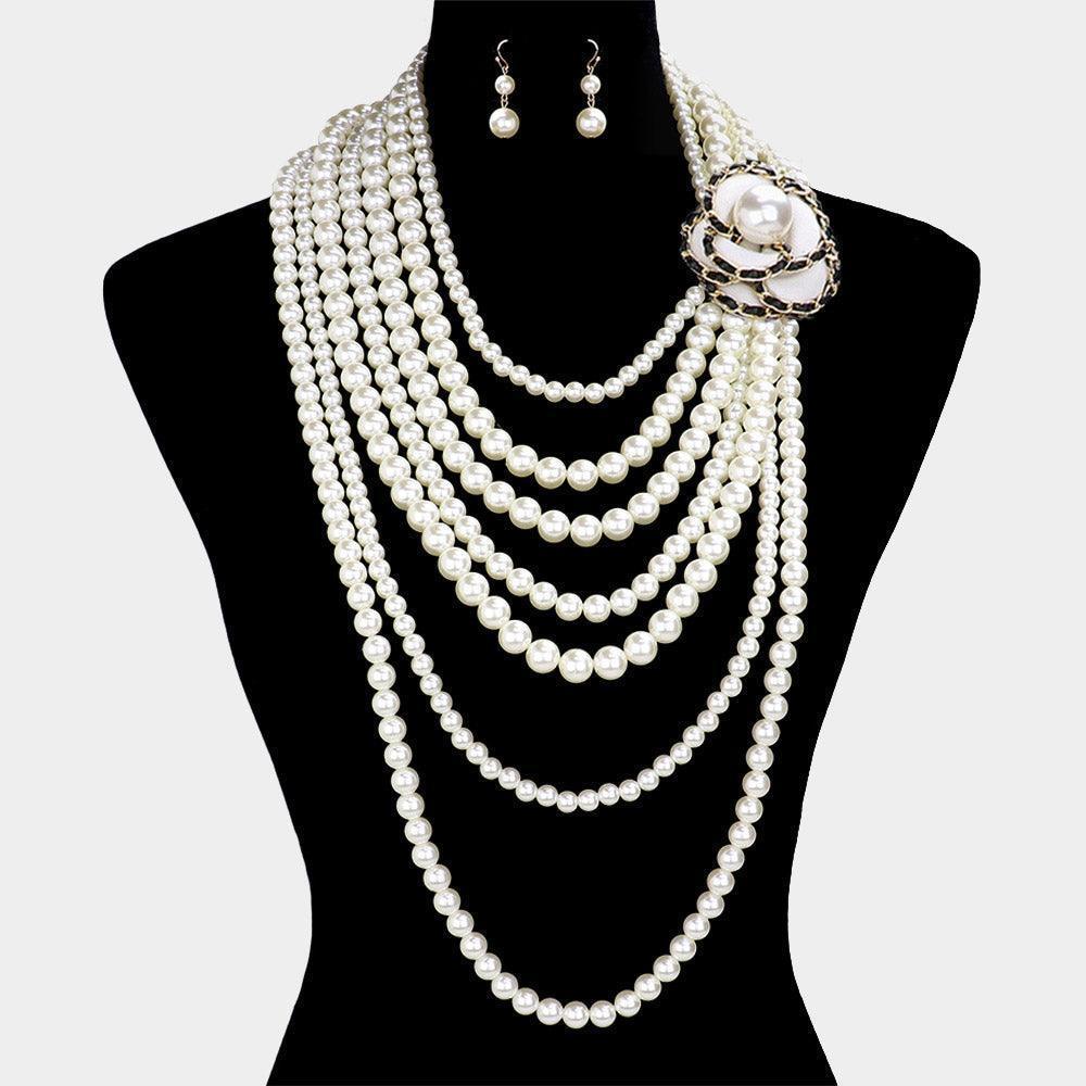 White Faux Leather Threaded Flower Pointed Pearl Multi Layered Long Necklace - Jewelry Store by Erik Rayo