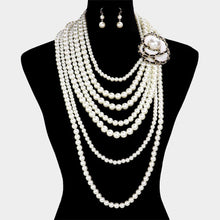 Load image into Gallery viewer, White Faux Leather Threaded Flower Pointed Pearl Multi Layered Long Necklace
