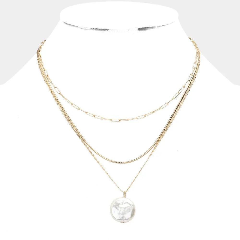 Gold Pearl Pendant Triple Layered Necklace - Jewelry Store by Erik Rayo