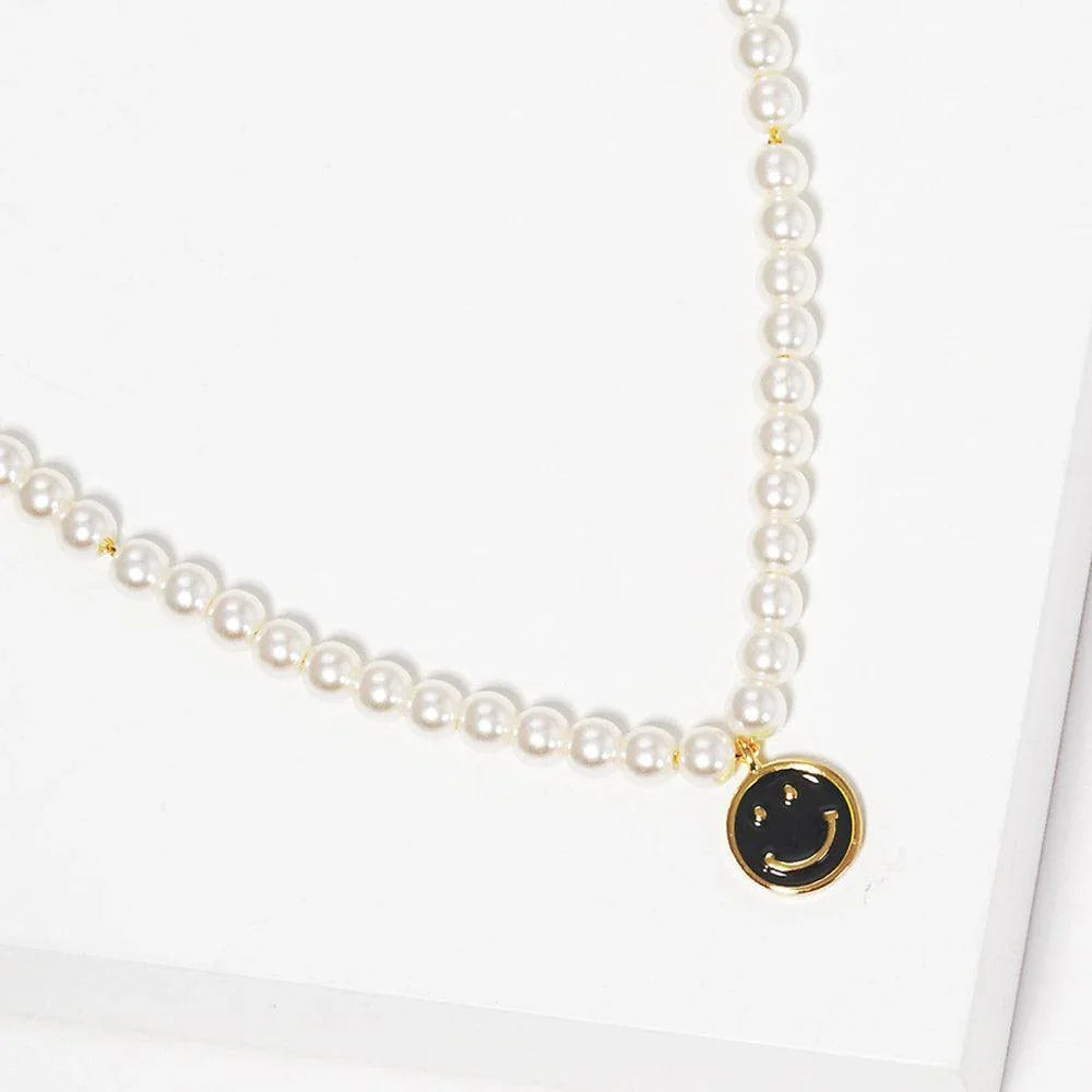 Gold Gold Dipped Brass Metal Enamel Smile Pendant Pearl Necklace - Jewelry Store by Erik Rayo