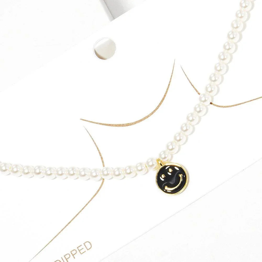 Gold Gold Dipped Brass Metal Enamel Smile Pendant Pearl Necklace - Jewelry Store by Erik Rayo