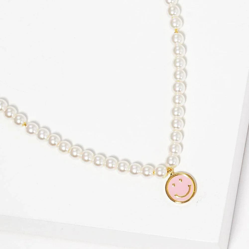 Pink Gold Dipped Brass Metal Enamel Smile Pendant Pearl Necklace - Jewelry Store by Erik Rayo