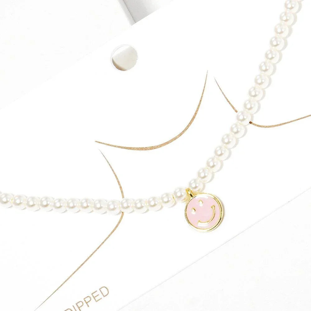 Pink Gold Dipped Brass Metal Enamel Smile Pendant Pearl Necklace - Jewelry Store by Erik Rayo