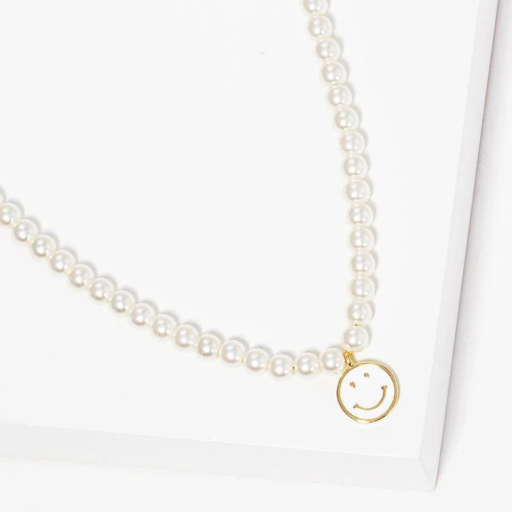 White Gold Dipped Brass Metal Enamel Smile Pendant Pearl Necklace - Jewelry Store by Erik Rayo