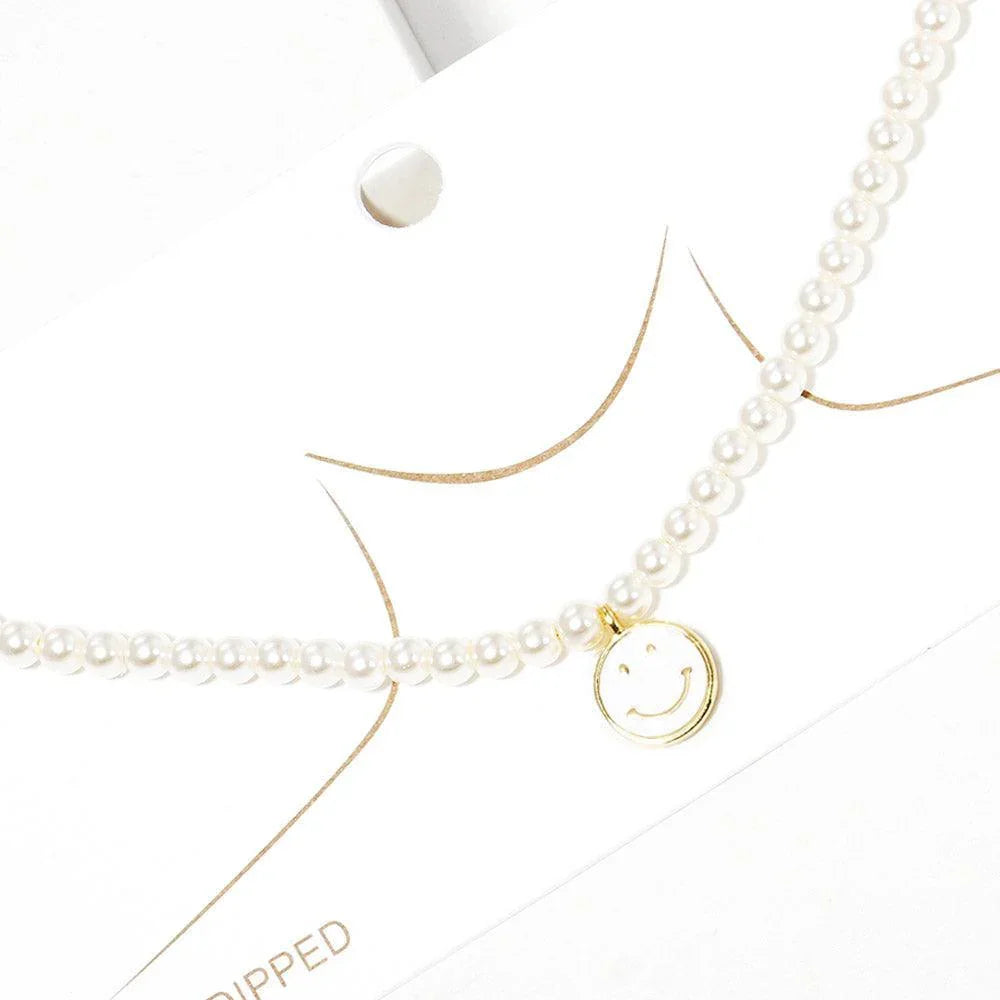 White Gold Dipped Brass Metal Enamel Smile Pendant Pearl Necklace - Jewelry Store by Erik Rayo