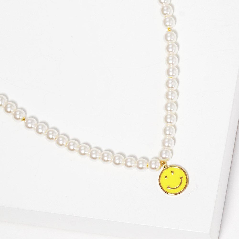Yellow Gold Dipped Brass Metal Enamel Smile Pendant Pearl Necklace