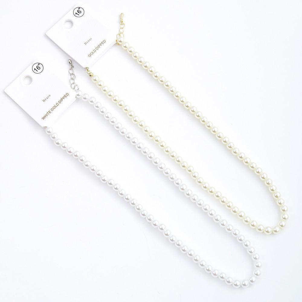 White White Gold Dipped Brass Metal 6mm Pearl Necklace