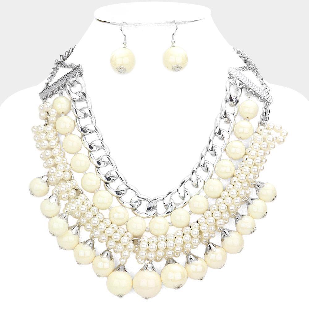 White Pearl Chunky Metal Chain Statement Necklace