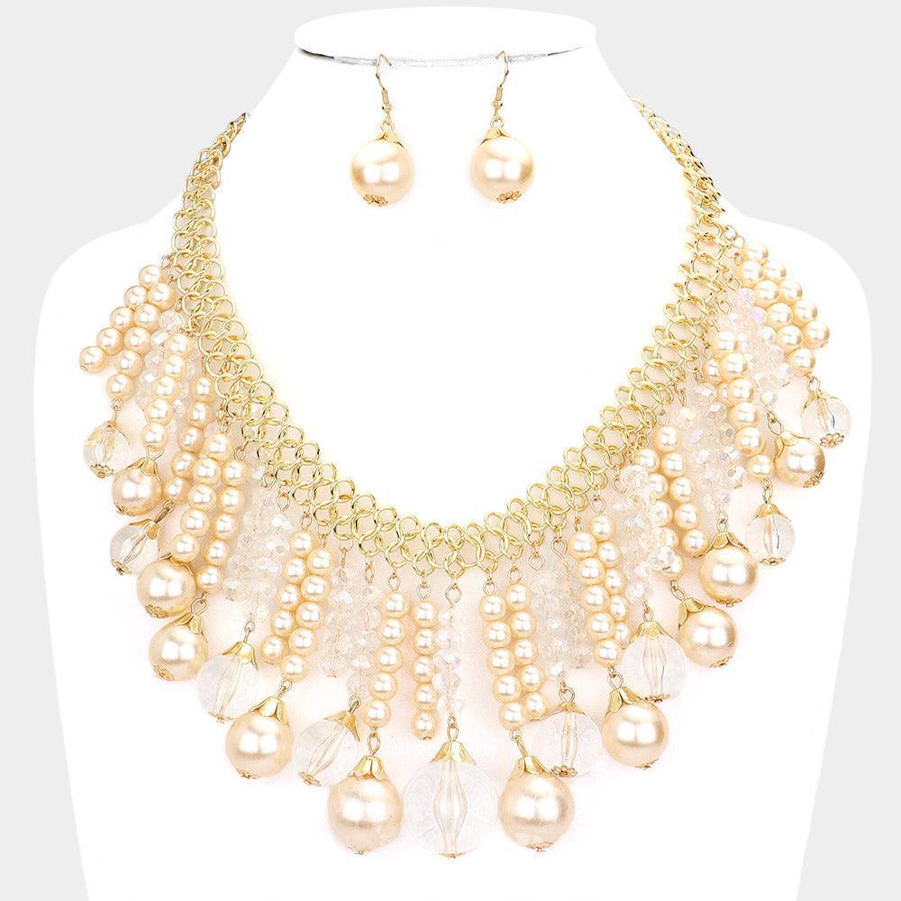 Gold Pearl Clear beads Fringe Statement Necklace - Jewelry Store by Erik Rayo