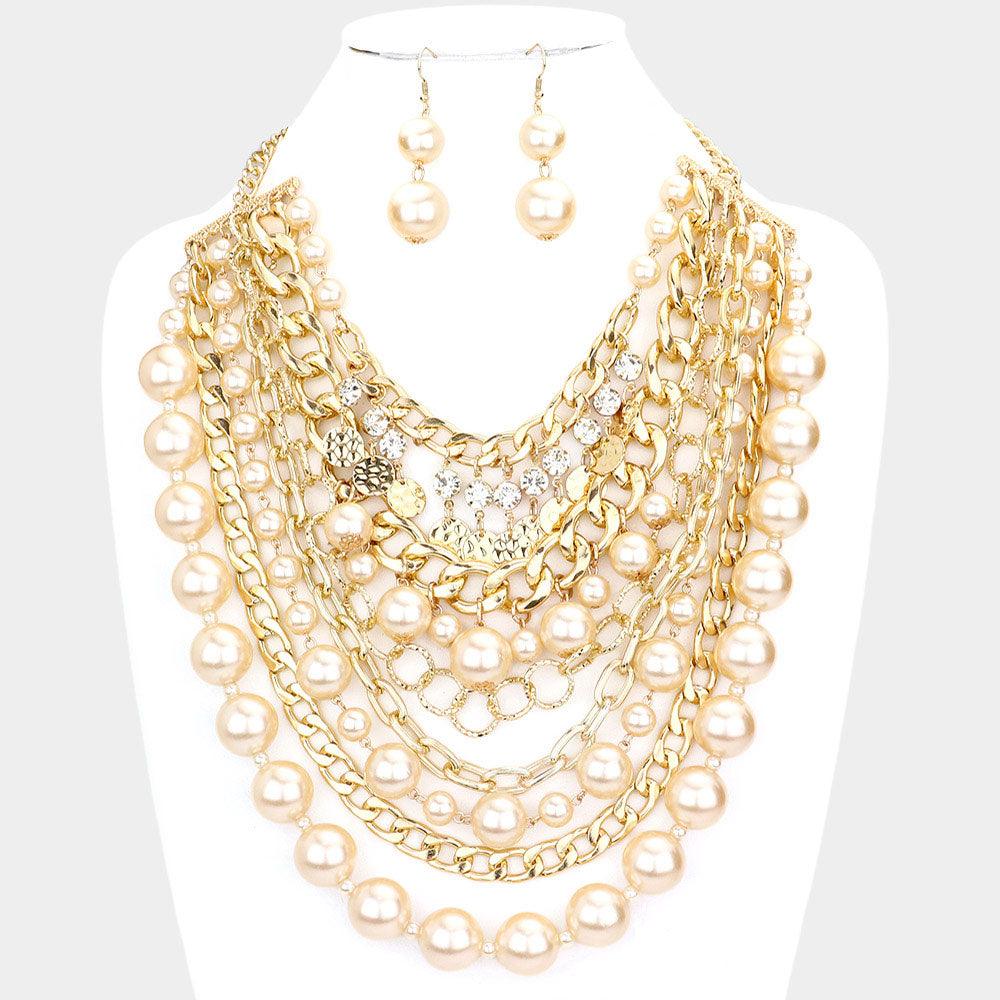 Gold Stone Charm Chain Pearl Bib Necklace