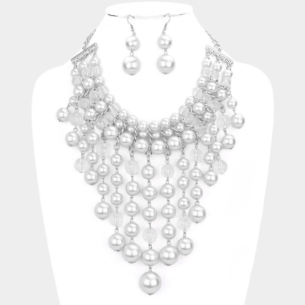 White Pearl Lucite Bead Fringe Statement Necklace