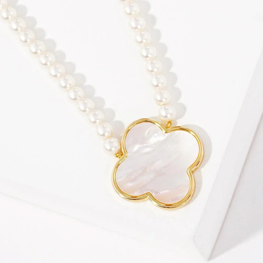 Cream Gold Dipped Mother of Pearl Quatrefoil Pendant Necklace - Jewelry Store by Erik Rayo
