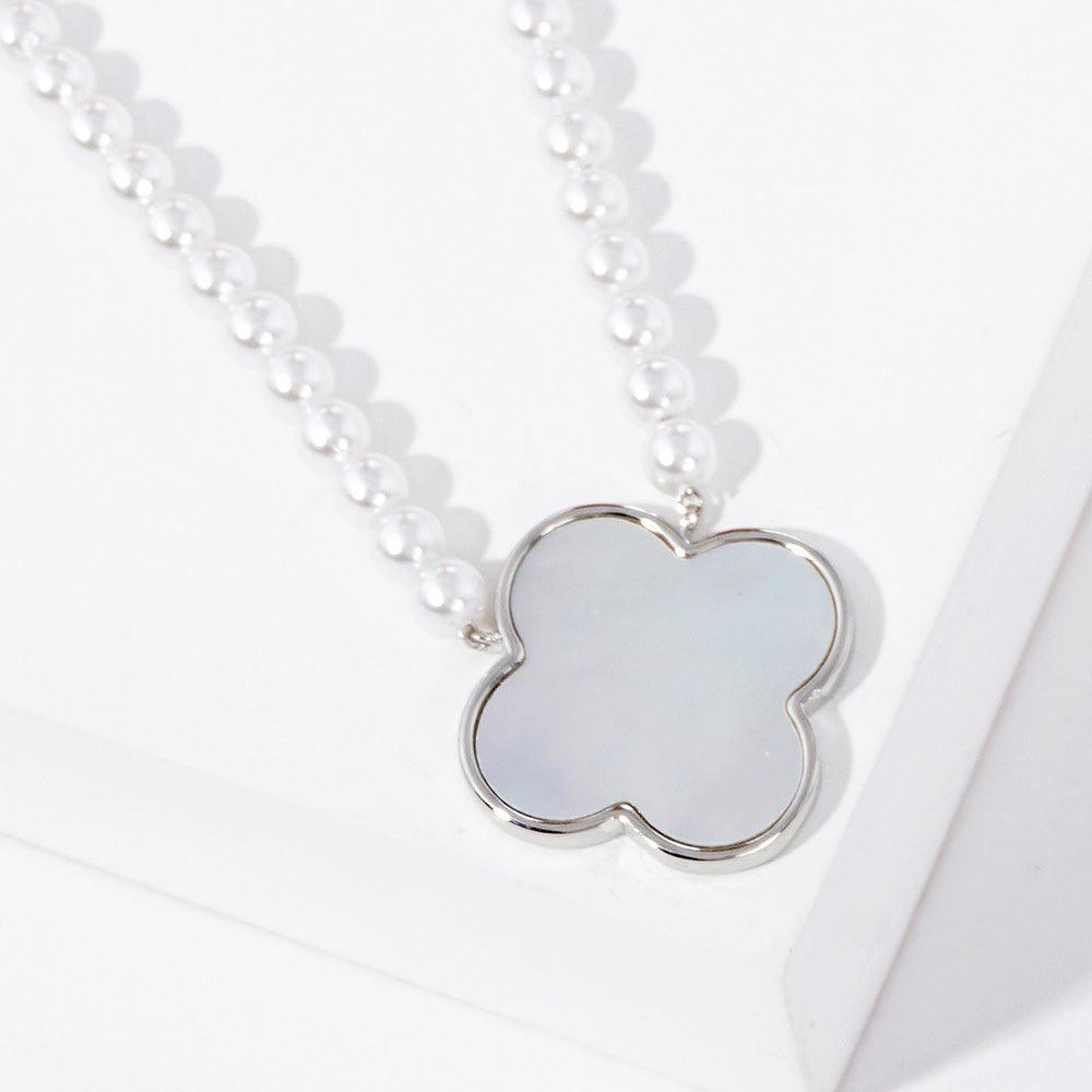 White White Gold Dipped Mother of Pearl Quatrefoil Pendant Necklace