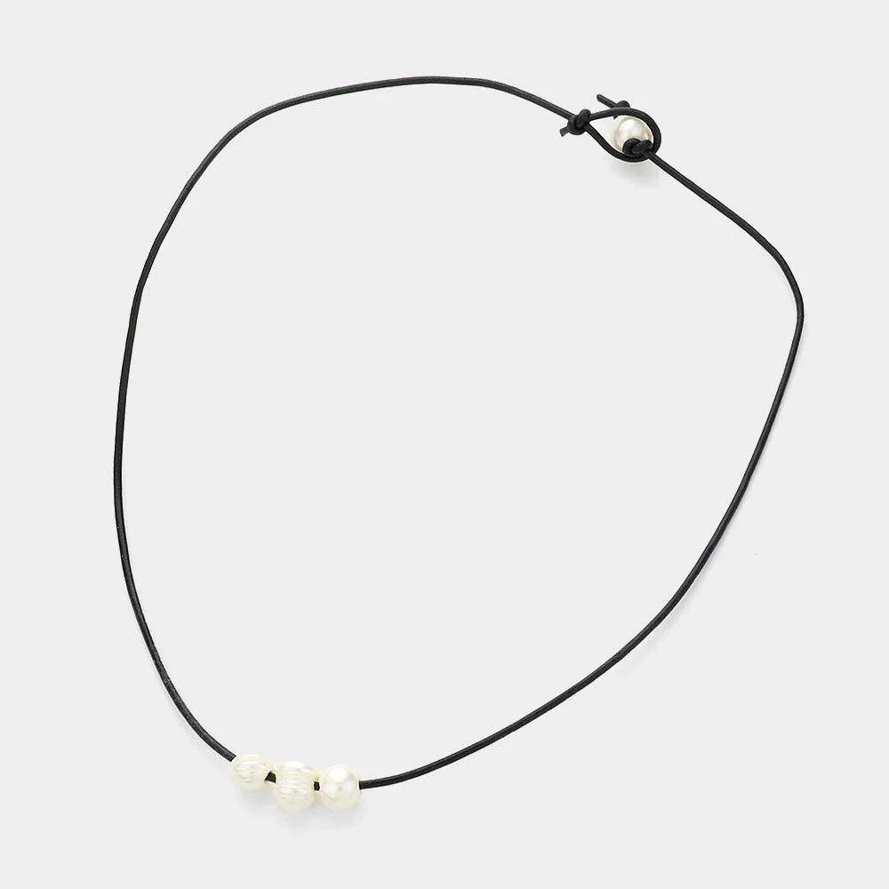 Black Freshwater Pearl Faux Leather Cord Necklace - Jewelry Store by Erik Rayo