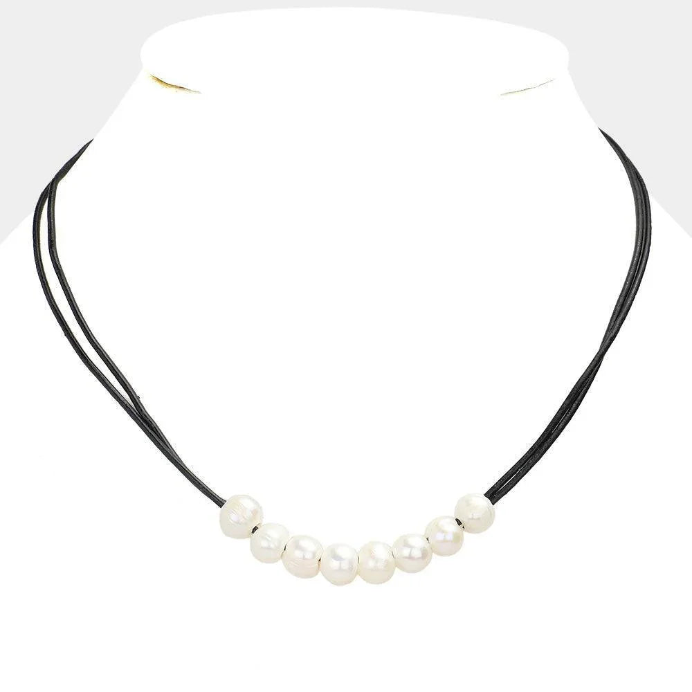 Black Freshwater Pearl Double Faux Leather Cord Necklace - Jewelry Store by Erik Rayo
