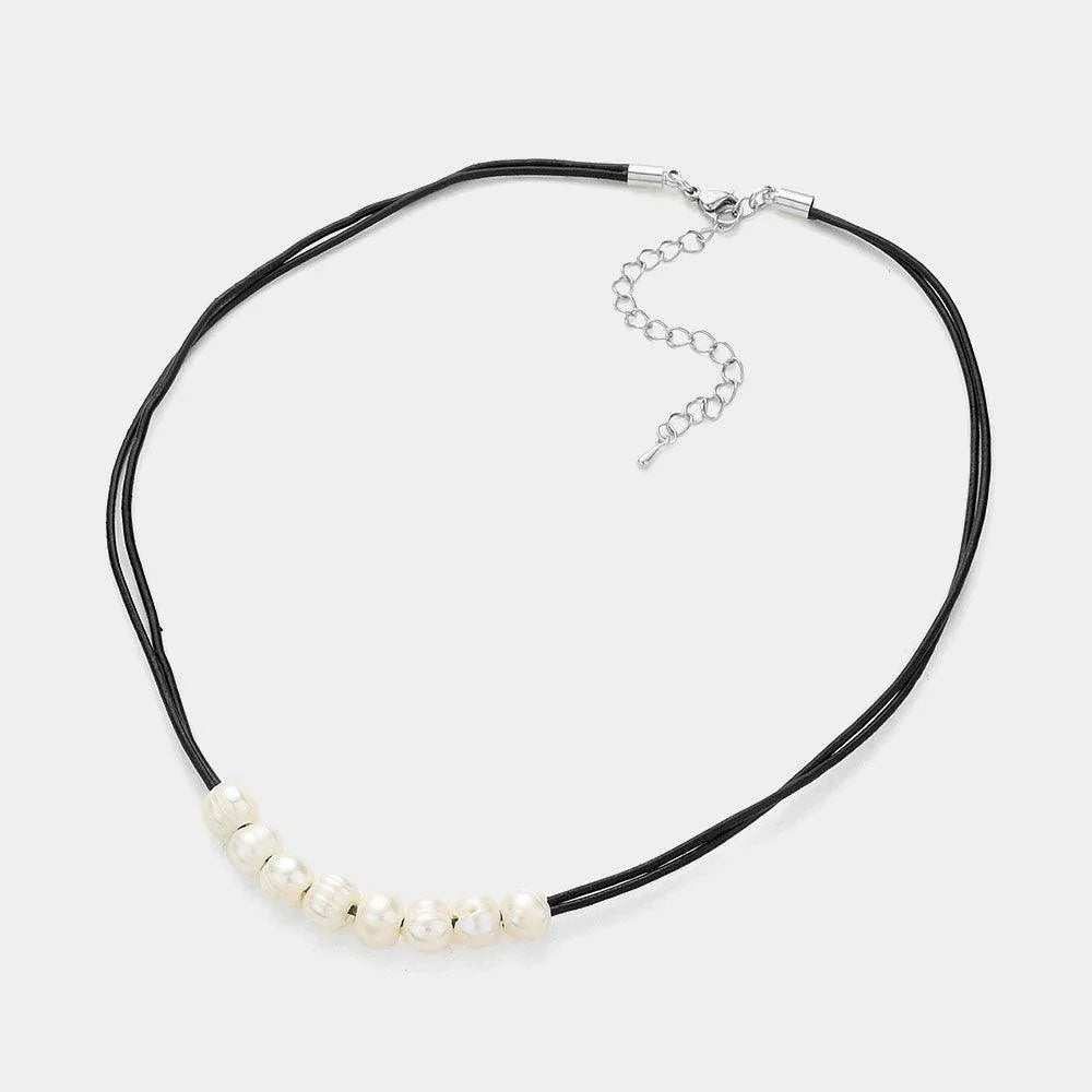 Black Freshwater Pearl Double Faux Leather Cord Necklace - Jewelry Store by Erik Rayo