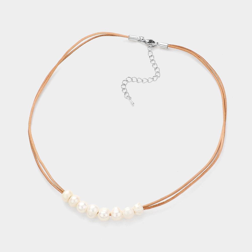 Brown Freshwater Pearl Double Faux Leather Cord Necklace - Jewelry Store by Erik Rayo