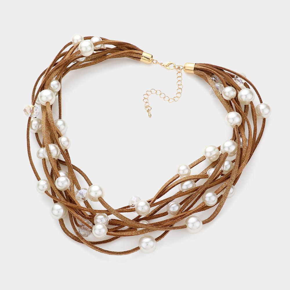 Brown Pearl Faux Suede Multi Layered Necklace - Jewelry Store by Erik Rayo