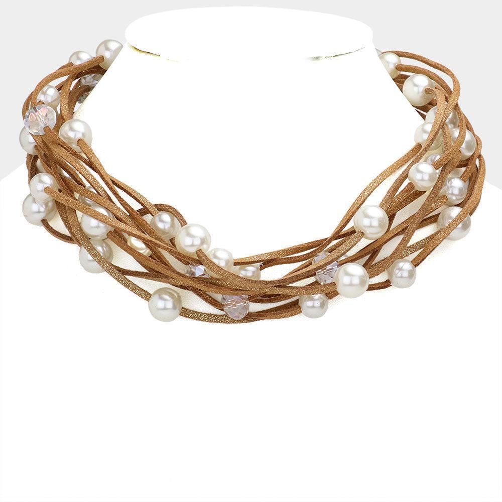 Brown Pearl Faux Suede Multi Layered Necklace - Jewelry Store by Erik Rayo