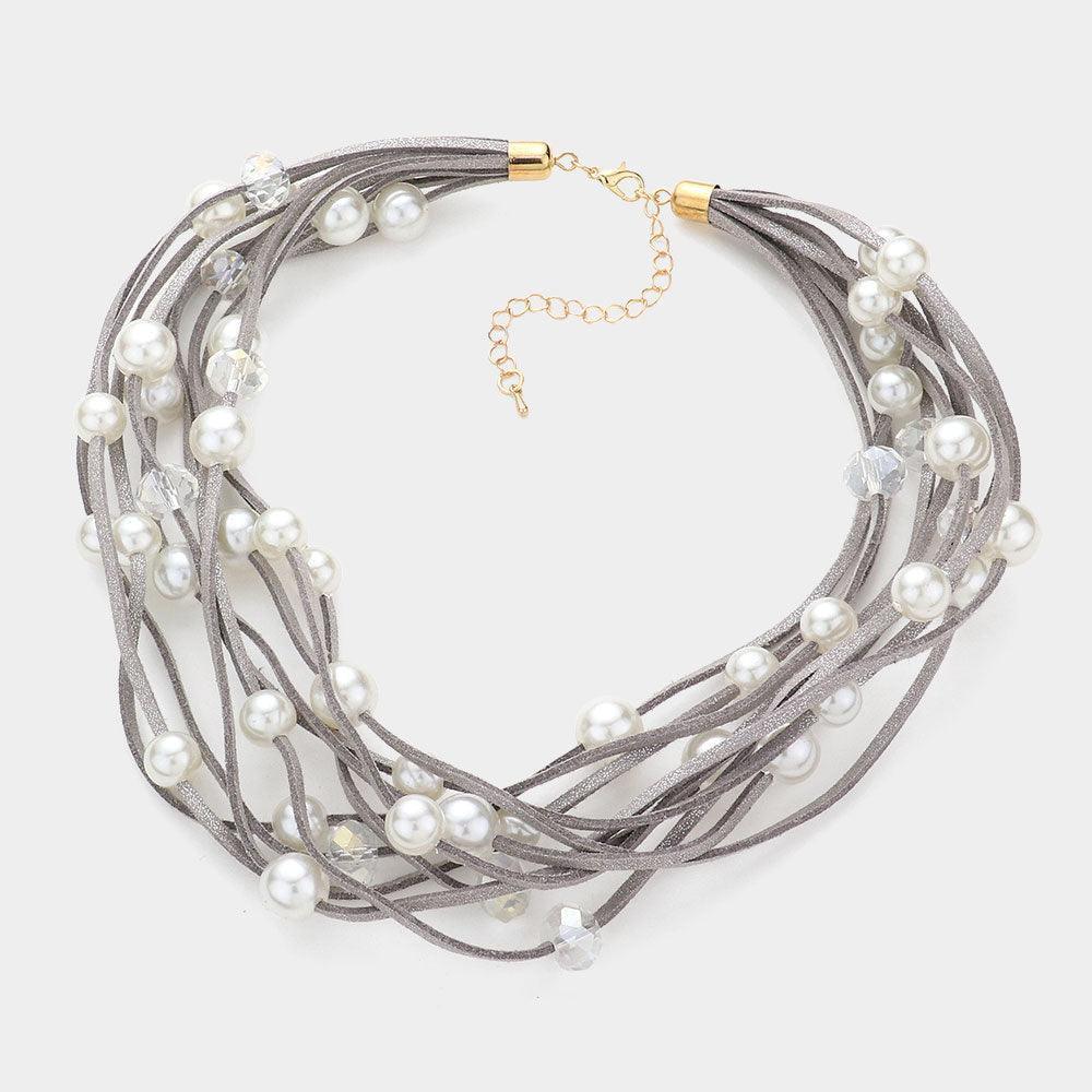 Silver Pearl Faux Suede Multi Layered Necklace - Jewelry Store by Erik Rayo