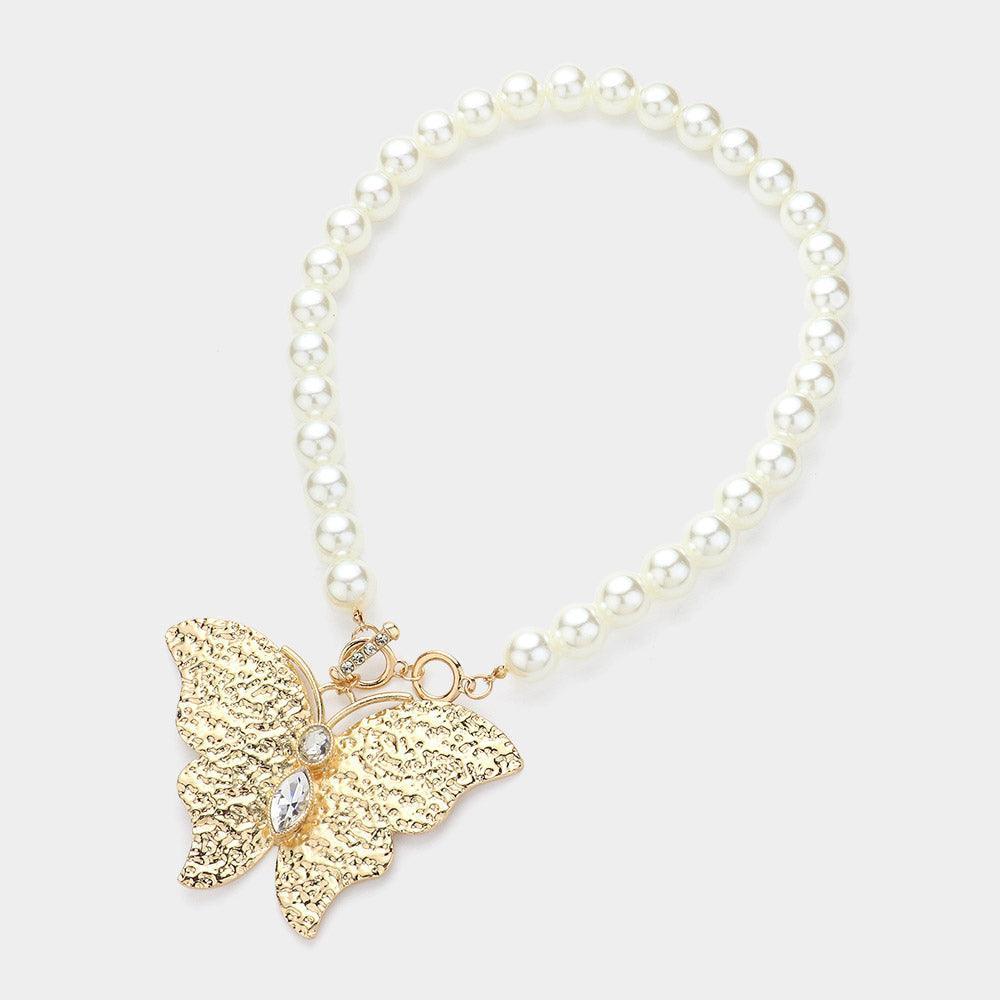 Gold Stone Pointed Textured Metal Butterfly Pendant Pearl Statement Necklace - Jewelry Store by Erik Rayo