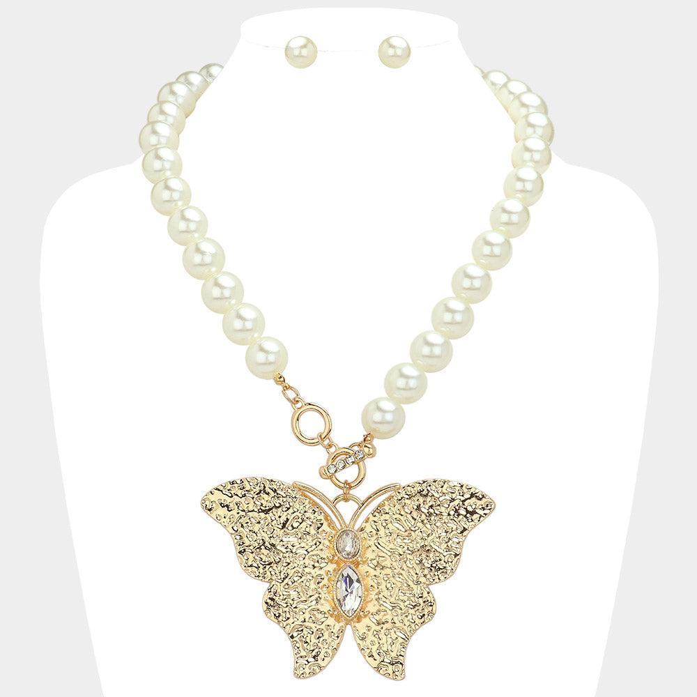Gold Stone Pointed Textured Metal Butterfly Pendant Pearl Statement Necklace - Jewelry Store by Erik Rayo