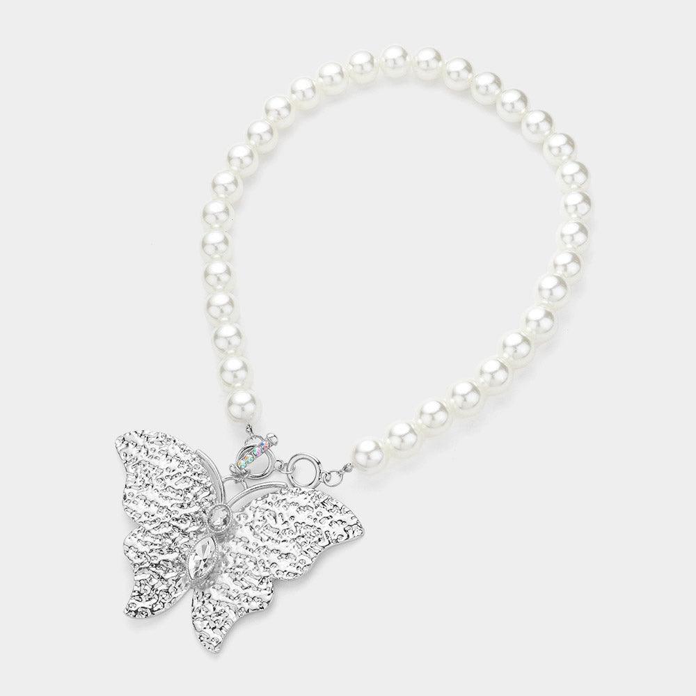 Stone Pointed Textured Metal Butterfly Pendant Pearl Statement Necklace - Jewelry Store by Erik Rayo