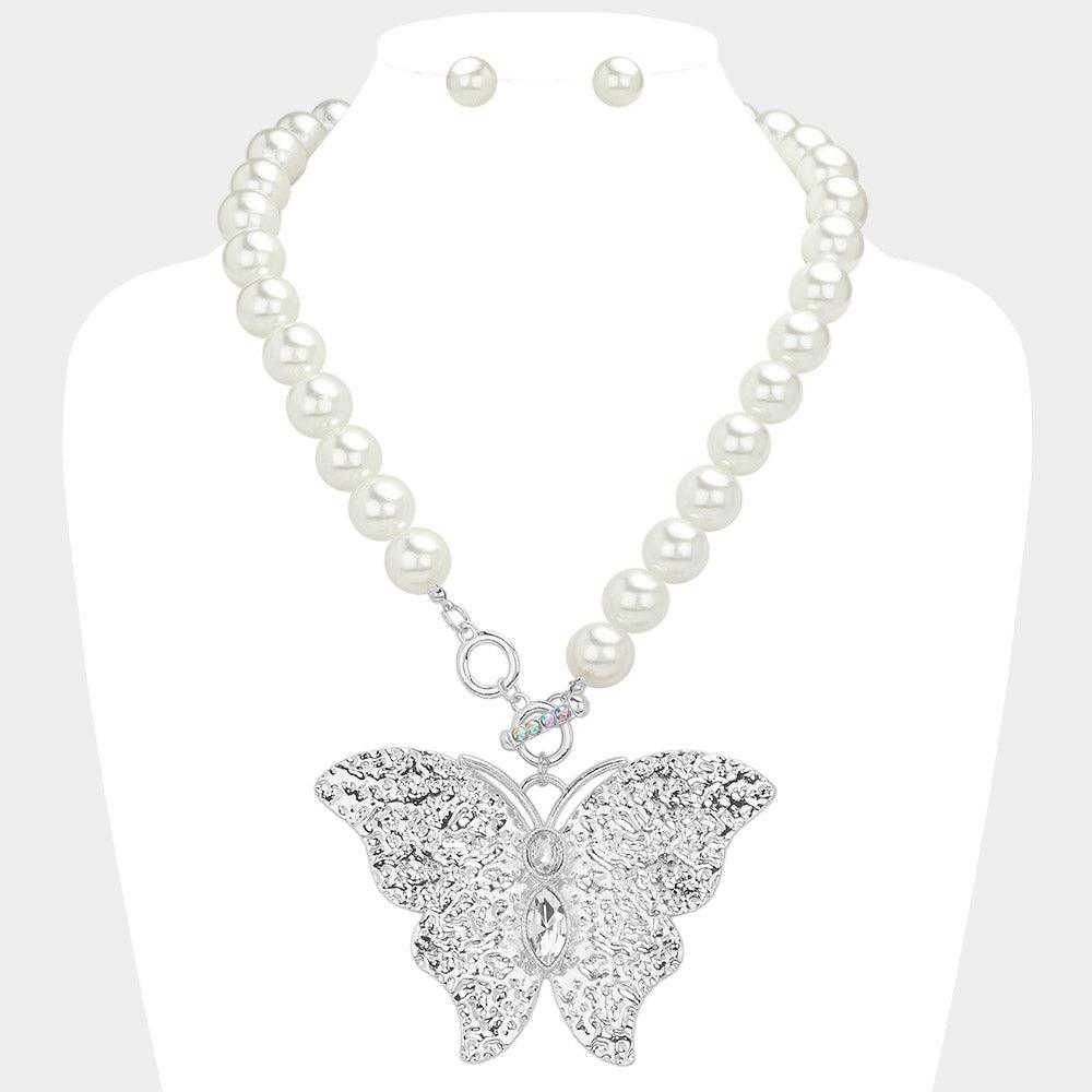 Stone Pointed Textured Metal Butterfly Pendant Pearl Statement Necklace