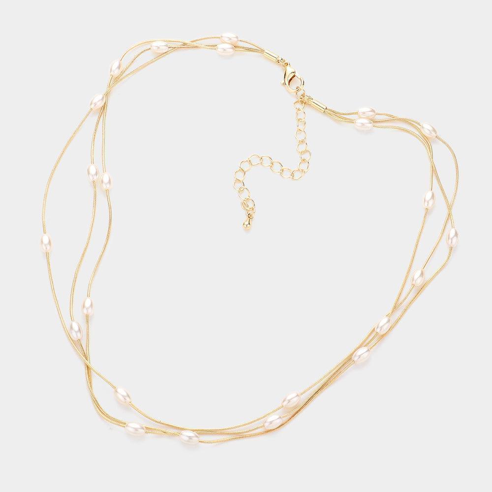 Gold Pearl Station Triple Layered Necklace - Jewelry Store by Erik Rayo