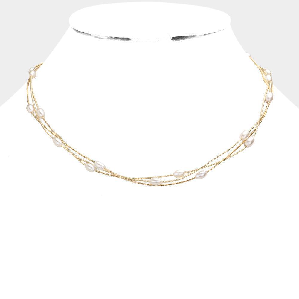 Gold Pearl Station Triple Layered Necklace - Jewelry Store by Erik Rayo