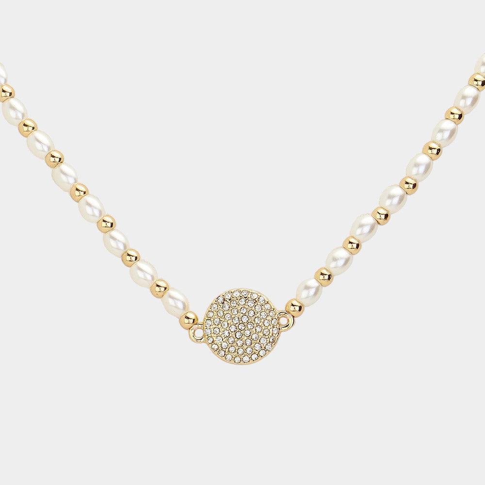 Gold Stone Paved Disc Pendant Pearl Necklace - Jewelry Store by Erik Rayo
