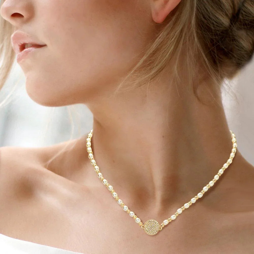 Gold Stone Paved Disc Pendant Pearl Necklace - Jewelry Store by Erik Rayo